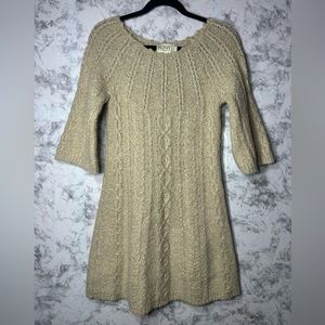 Kenji Womens Wool Alpaca Blend Sweater Dress Sz L Beige Cable Knit Bell Sleeve 9